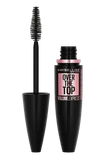 Maybelline New York Over the Top Volume Express mascara shown with the wand brush and the open black tube on a plain white background.