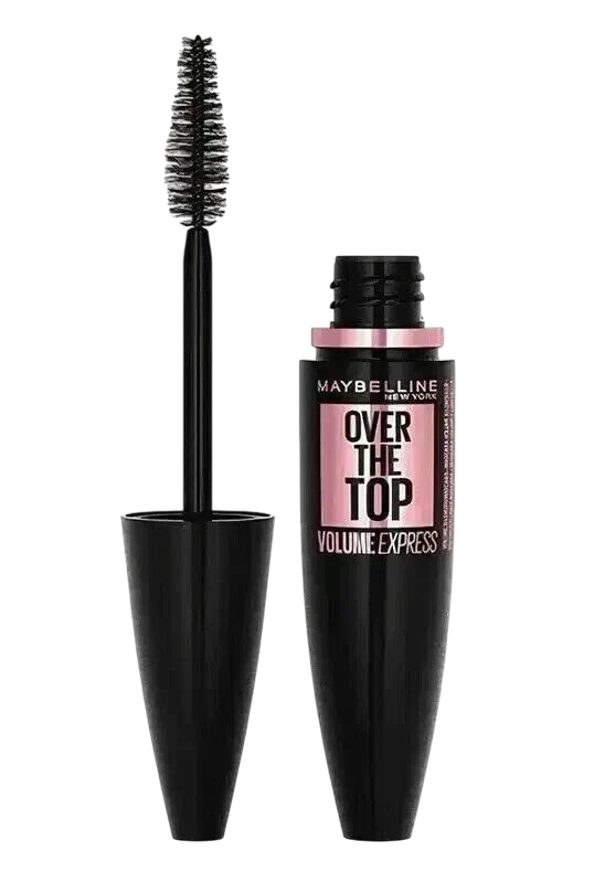 Maybelline New York Over the Top Volume Express mascara shown with the wand brush and the open black tube on a plain white background.