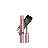 Maybelline New York Mega Glue High Volume Lash Lifting Mascara in a metallic pink tube, shown with the wand and a black lash smear on a white background.