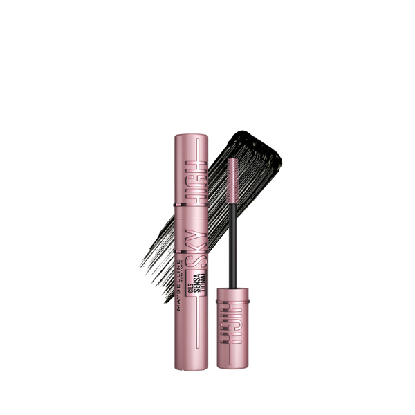 Maybelline New York Mega Glue High Volume Lash Lifting Mascara in a metallic pink tube, shown with the wand and a black lash smear on a white background.
