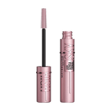 Maybelline Lash Sensation Ultra High Volume mascara shown with the wand applicator and the open tube, both in a metallic pink color, on a solid dark slate blue background.