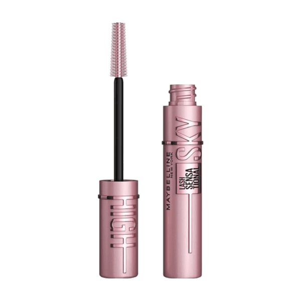 Maybelline Lash Sensation Ultra High Volume mascara shown with the wand applicator and the open tube, both in a metallic pink color, on a solid dark slate blue background.