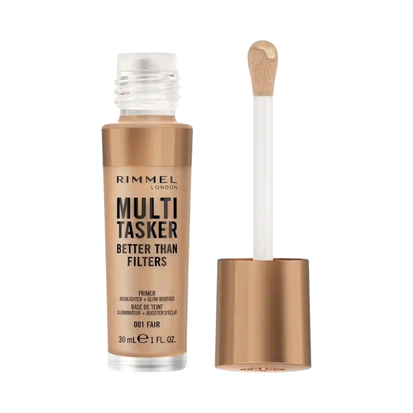Rimmel Multi Tasker Better Than Filters, 3 in 1 Face Primer, Glow Booster and Highlighter, Flawless Finish, Infused with Vitamin C and E, Maxi Soft Applicator, Vegan, 30ml