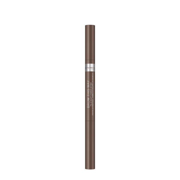 A single brow pencil in a warm brown shade, standing vertically against a plain white background. The brand name 'Rimmel' is visible on a silver band near the top.