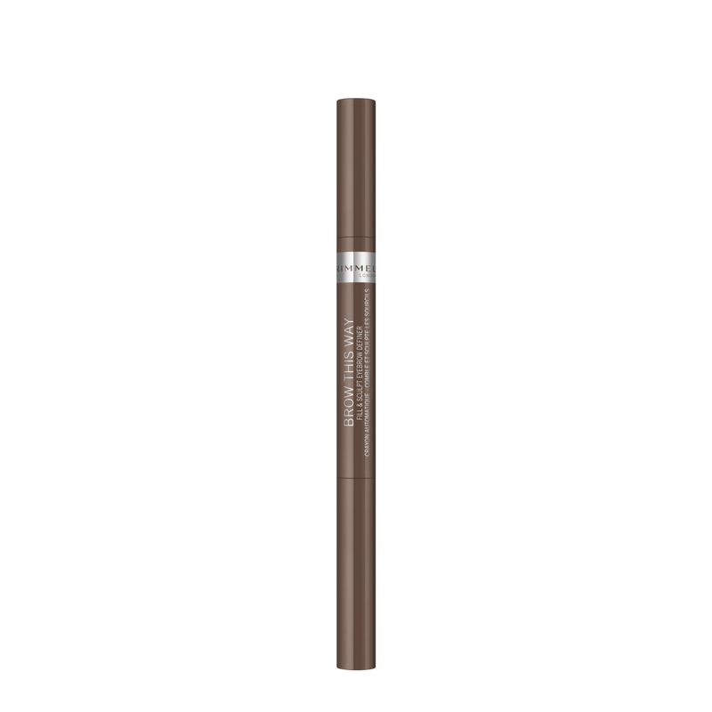 A single brow pencil in a warm brown shade, standing vertically against a plain white background. The brand name 'Rimmel' is visible on a silver band near the top.