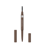 A brown brow pencil shown open with its spoolie end visible, alongside two separate cap pieces on a plain white background. The brand name Rimmel is visible on the barrel.