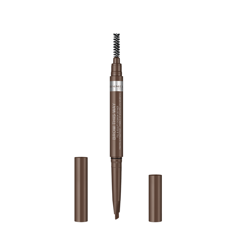 A brown brow pencil shown open with its spoolie end visible, alongside two separate cap pieces on a plain white background. The brand name Rimmel is visible on the barrel.
