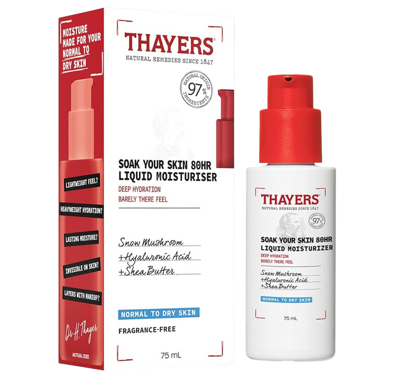Thayers Soak Your Skin 80HR Liquid Moisturizer - Face Moisturizer with Hyaluronic Acid and Snow Mushroom - Dermatologist Tested Skin Care for Normal to Dry Skin - 75 ml